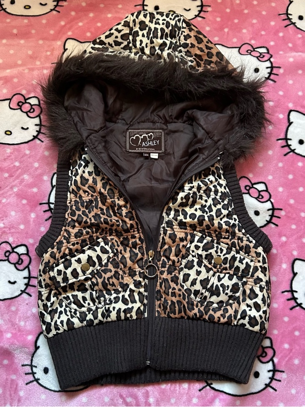 Ashley Leopard Print Faux Fur Trim Puffer Vest